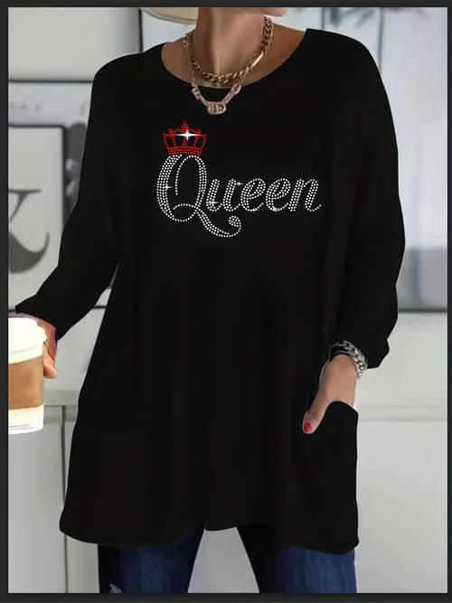 artikel foto grote maten, casual t-shirt met lange mouwen voor dames in grote maten - dames top met kroonpatroon en strass-steentjes, zijzakken, rekbare stof en ronde hals, comfortabel voor alle seizoenen en machinewasbaar, veelzijdig, stijlvol en , glanzende letters en strass-versieringen, rekbare