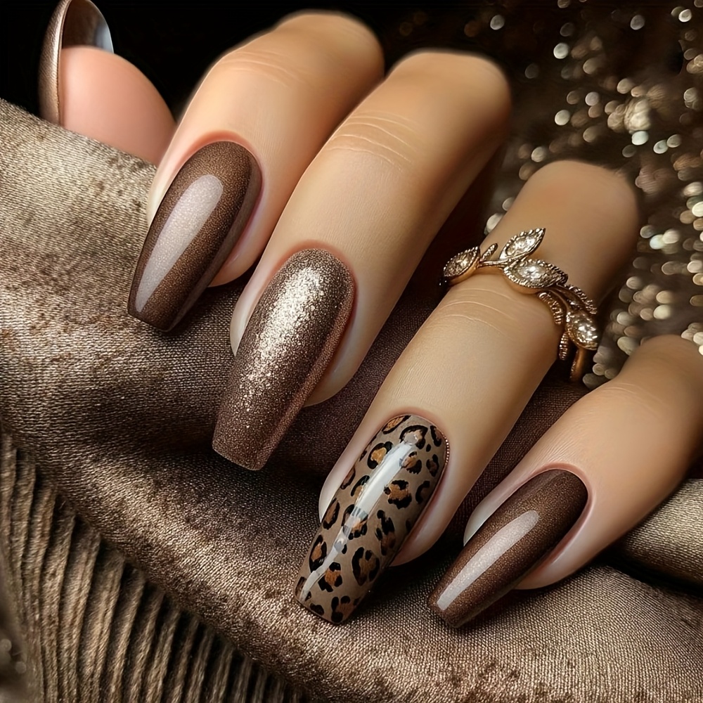 TEMU 24 uñas postizas de ballet, nuevas uñas postizas de hechas a , estilo europeo y americano de moda, estampado de leopardo marrón para