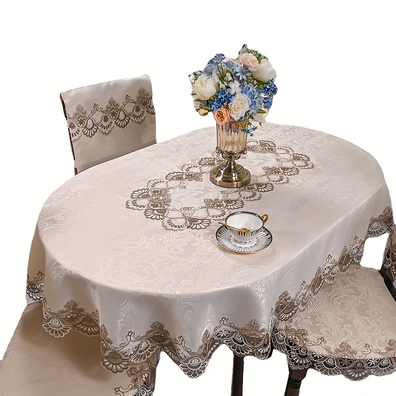 European Lace Embroidered Round Tablecloth – Oval, Floral Pattern, Waterproof Polyester Cotton