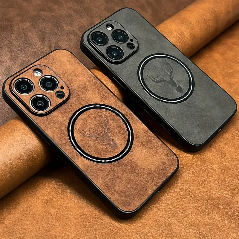 luxury sheepskin leather case for iphone 16 15 14 11 pro deer head pattern magnetic wireless charging soft bumper shockproof cover details 0
