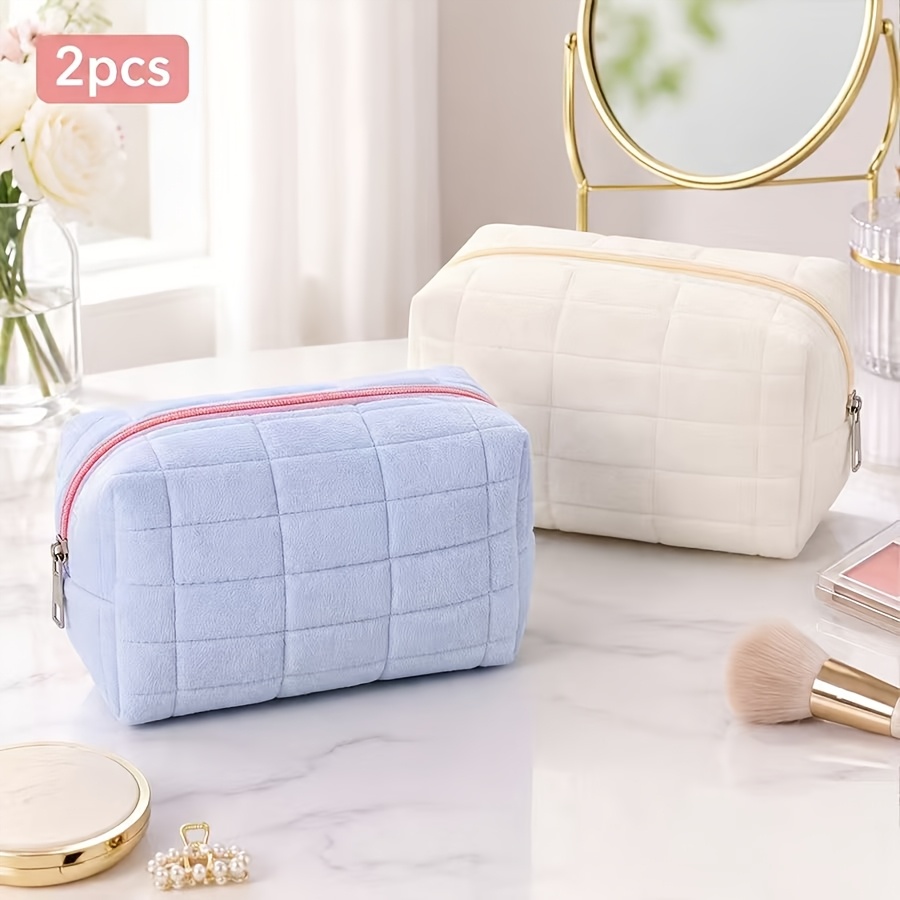 TEMU 2-pack Soft Checkered Makeup Bags, Large Capacity Portable Cosmetic Storage Bags, Multifunctional Travel Skincare And Toiletry Bags, Cute Zipper