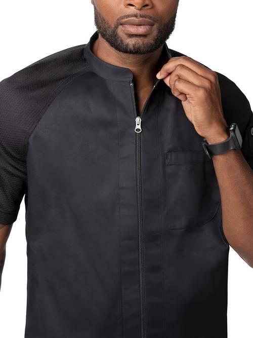 mens womens loose fit short sleeve chef jacket with pockets black zip up stand collar breathable fabric for professional casual wear casual chef jacket functional pockets durable zipper closure