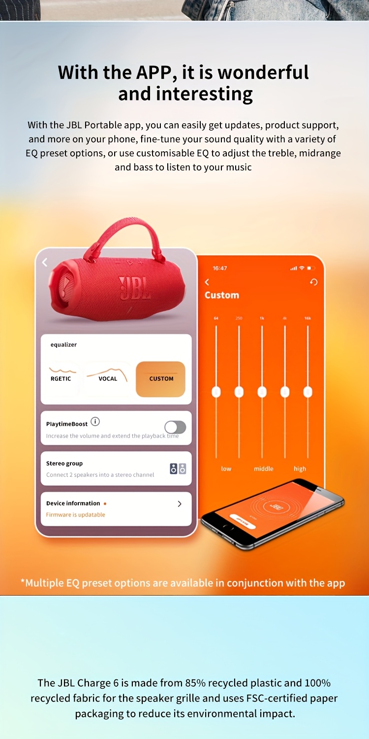 charge6 altavoz portátil sin varillas con sonido dual, batería de 24h, carga rápida -c, graves potentes y duraderos, compatible con smartphones, tablets, tvs, hogar/exterior/fiestas – con    : regalo ideal para   ( /fiestas) –   estéreo compactable a   speakers portátiles. uso escritorio/hogar/exterior. blaster musical gen 6 Detalles del producto 6