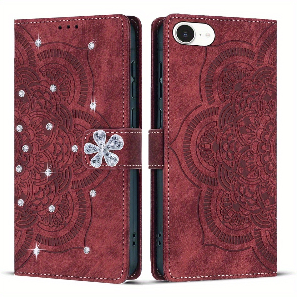 TEMU Phone Case: Red Sparkly Rhinestone Mandala Flower Embossed Single-fold Flap Synthetic Leather Case With Triple Card Slots, Anti-skimming Stand
