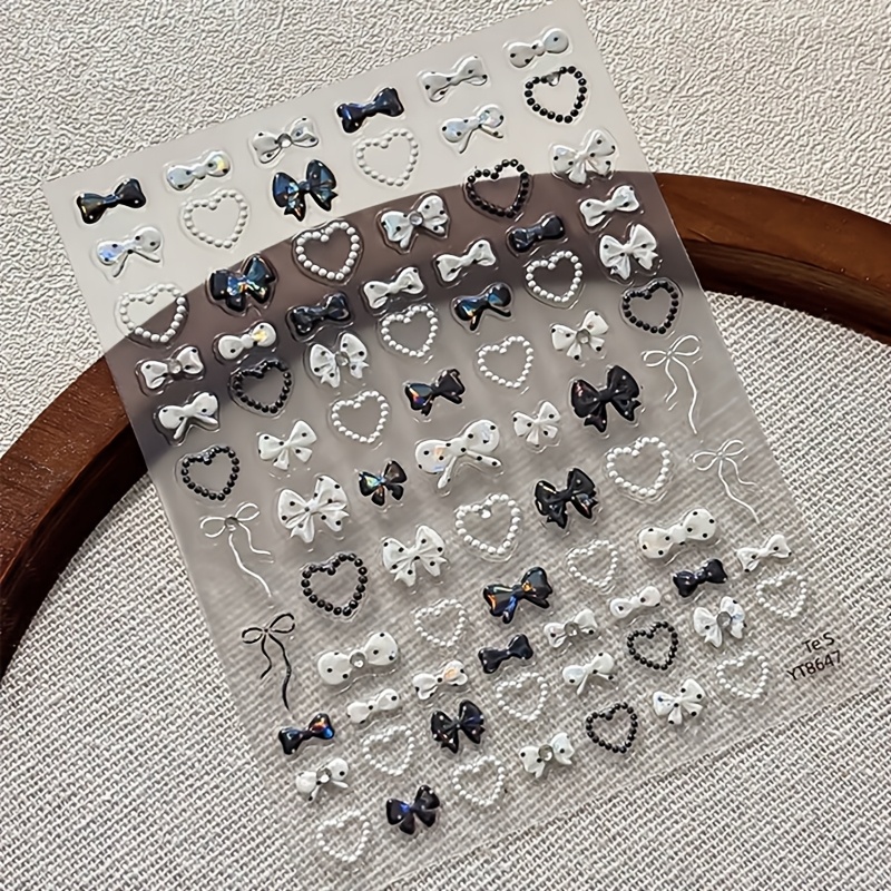 TEMU 1 Blatt Weiche Ballett-Stil Nähelack Aufkleber, Polka Dot Schleifenmuster, mit Perlen Strass Herz Dekor, Nagelsticker, Geeignet für Frühlings