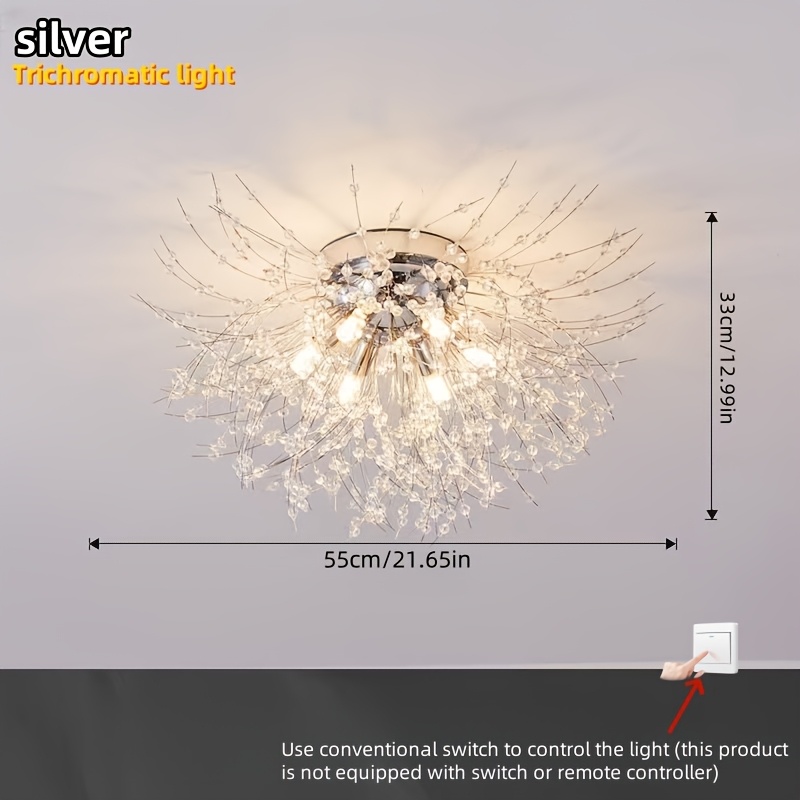 Modern Dandelion-Shaped Crystal LED Ceiling Light with 3-Color Changing Bulbs - Elegant Chandelier for Dining Room, Living Room, or Bedroom - Wall Switch Controlled (Remote Not Included), Bedroom Chandelier | Contemporary Ambiance | Metal Construction, Chandeliers for Ceiling