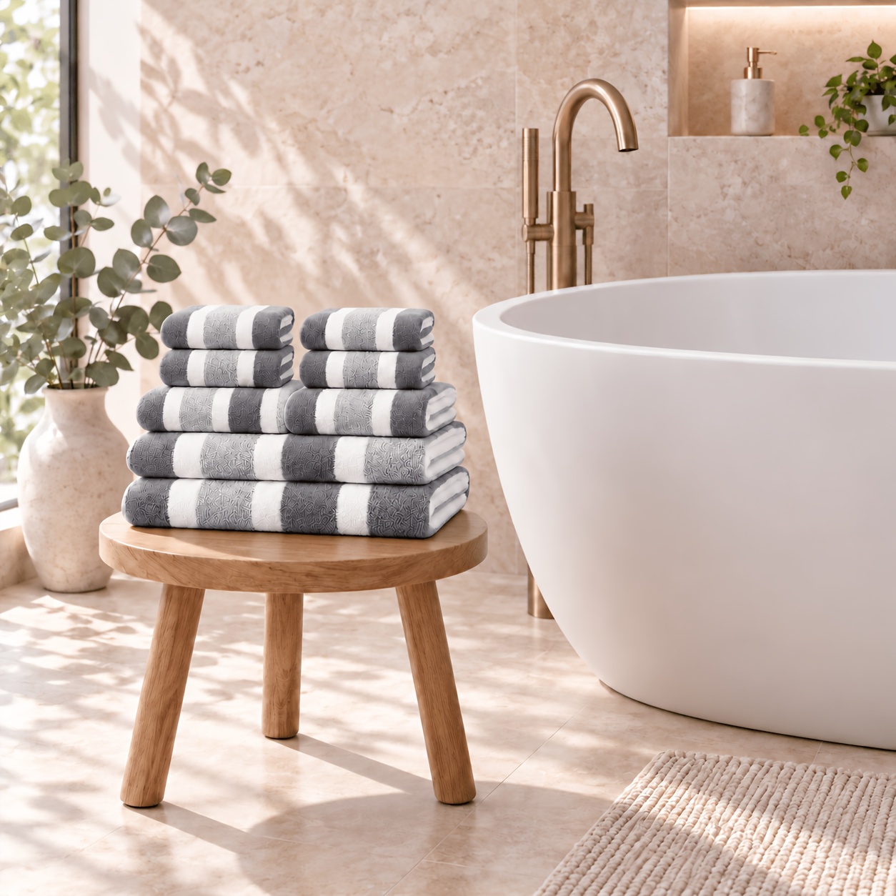 TEMU 8pcs Set, Loss, Super Water Absorption, Super Soft Hotel Standard Two-color Striped Combination, Including 2 Large Towels, 2 Large Face Towels