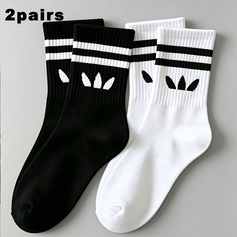 TEMU 2/7 Pairs Unisex Spring/summer Easy Solid Double-stripe Mid-calf Socks, Comfortable Breathable Fit, And White Mid-calf Socks