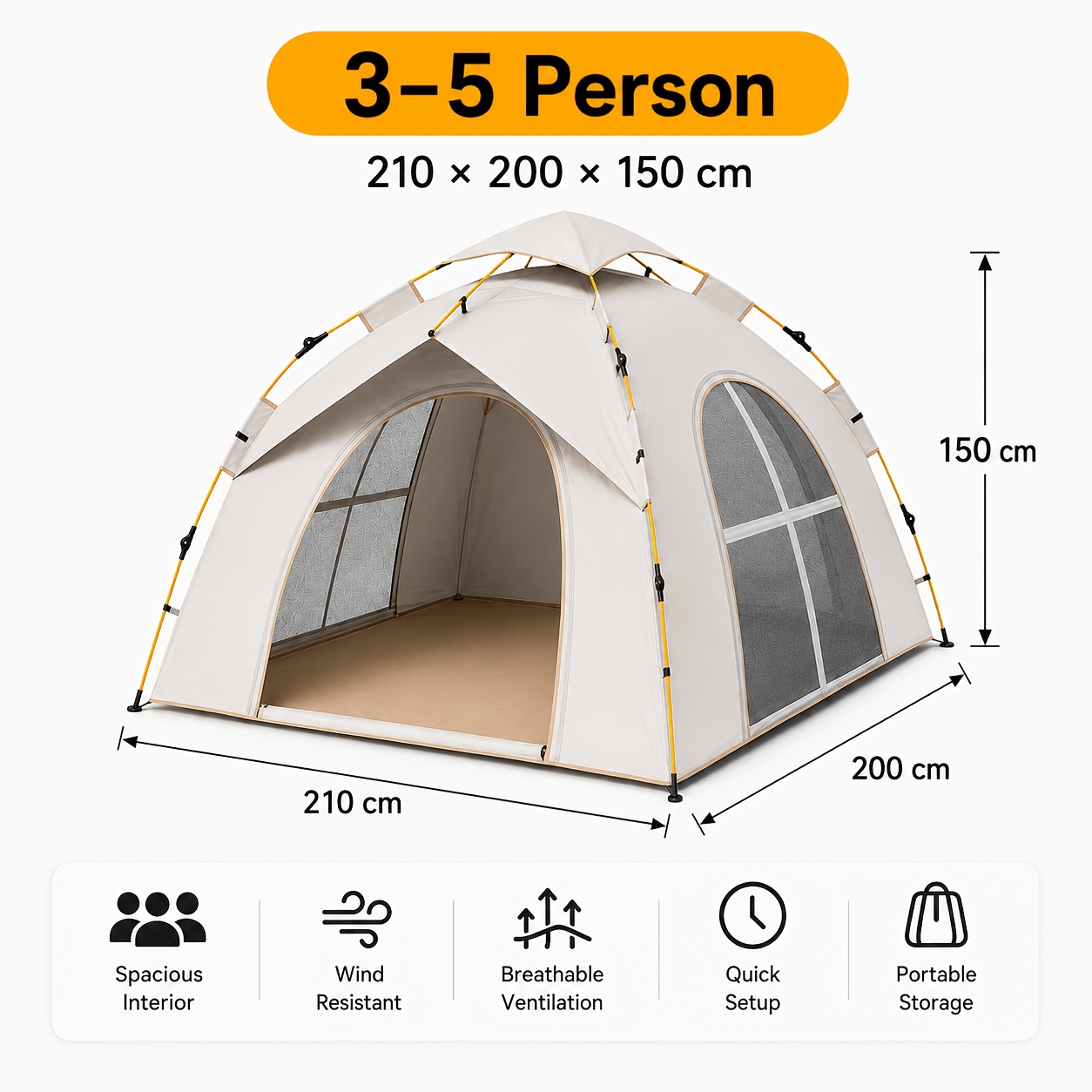 Image of Quickly Set Up A Tent With -to-ceiling Mesh Window, Spacious And Portable, In 2-3 Person And 3-5 Person Sizes, Suitable For Hiking, Beach, And Outdoor Travel.