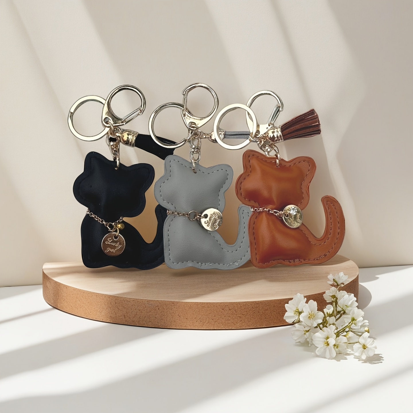 Image of 3pcs/pack Cute Faux Leather Cat Keychain With Tassel Decoration, Gray, Black, Keychains Suitable For Bags And Car Decorative Women's Keychains