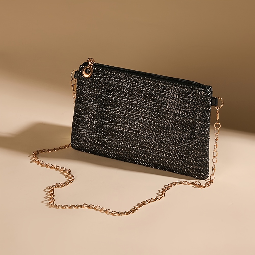 

Women's Bohemian Woven Straw Small Crossbody Chain Bag, Minimalist Chain Shoulder Bag, Lightweight Phone Purse