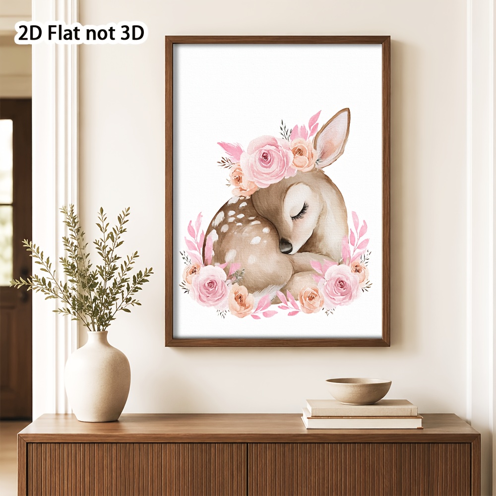 Cute Sleeping Deer and Pink Rose Frameless Poster, Nursery Decor