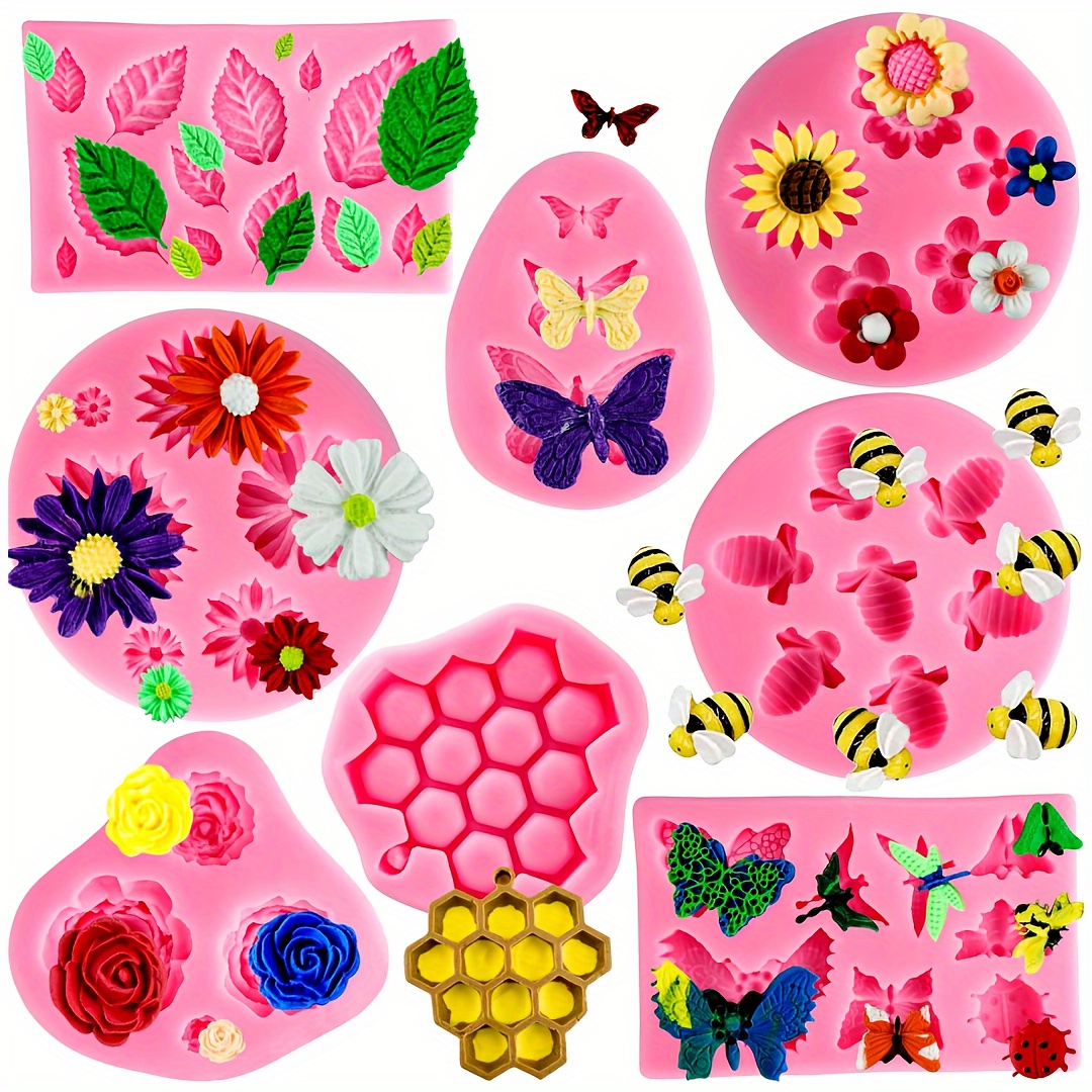 

8pcs Flower Chocolate Fondant Silicone Mold Polymer Clay Candy Gummy Baking Mold, Rose Leaf Butterfly Bee Honey Shaped Silicone Molds For Diy Cake Cupcake Decor Craft
