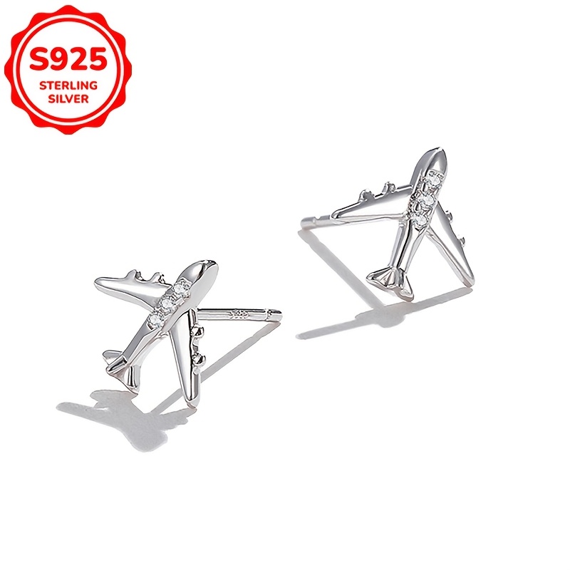 

925 Sterling Silvery Airplane Stud Earrings, Fashionable Punk Hip-hop Style With Rhinestone Accents, Cute Cartoon Design For Women, 1g, Diamond Inlaid