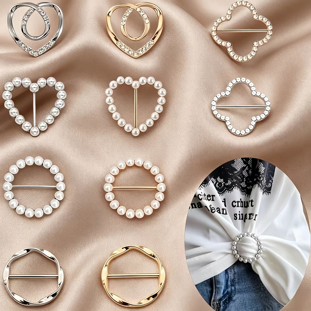 Image of 10pcs Scarf Ring Clips For Women, T-shirt Tie Clips, Metal Scarf Shirt Clip Clothes Corner Knotted Cinch Ring Clip, Fashion Clothing Decorative Accessories For Women