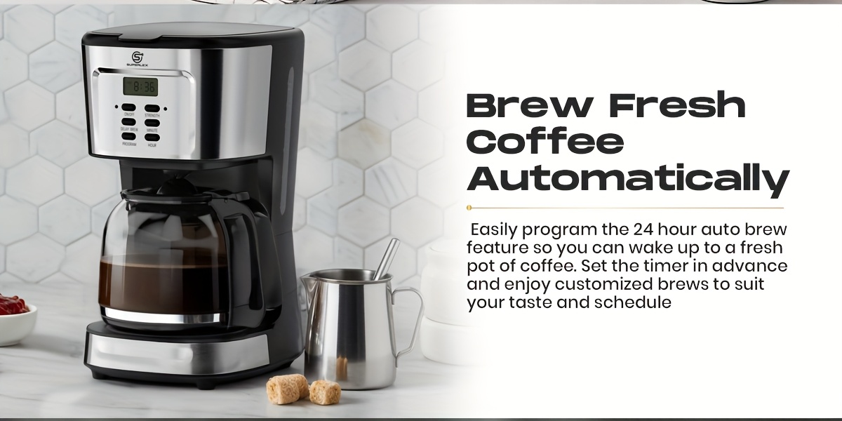 SUPERLEX Filter Coffee Machine 1.5L 12 Cups with 900W 6 Functions Strength, Timer, LCD Display, Dishwasher-Safe Glass Carafe Compact Black