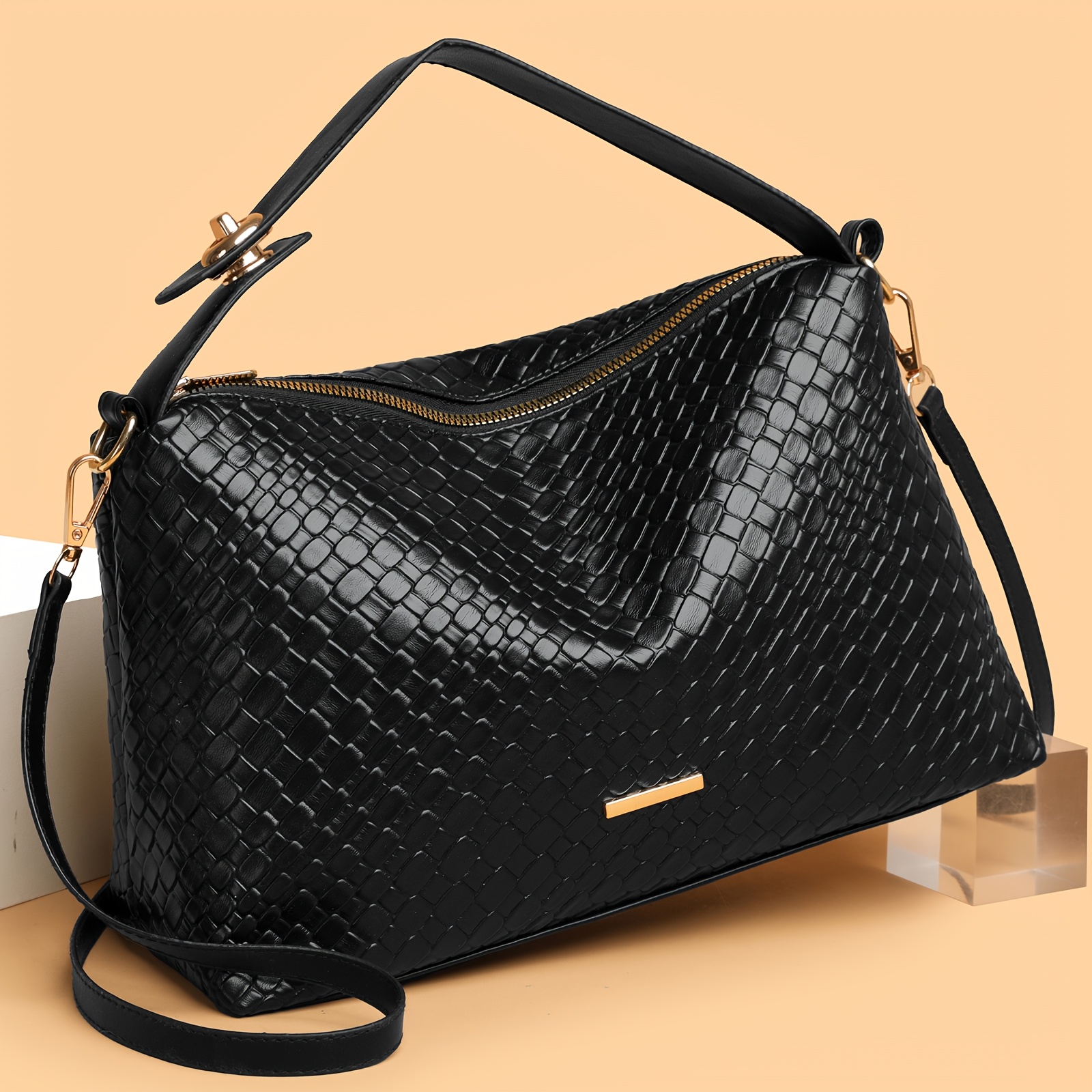TEMU New Solid Color Woven Embossed Elegant Mini Women's Crossbody Bag, Retro Style Versatile Lightweight Bag, Casual Detachable Strap Small Handbag,