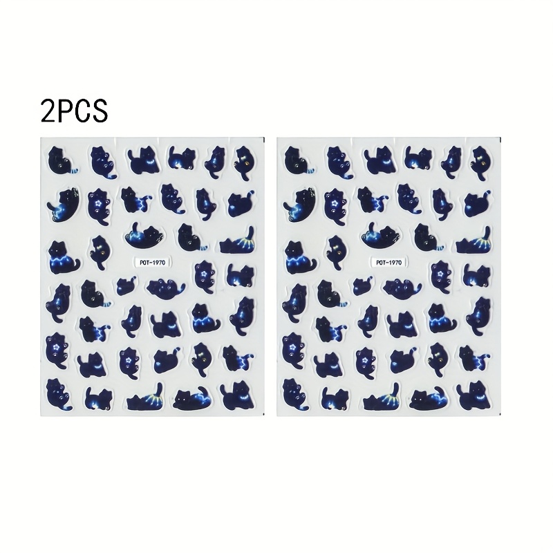 Image of 2pcs -the-dark Cat Art Stickers - Self-adhesive Plastic Nail Decor With Sparkling Stars, Irregular Shape For Diy Manicure, Women & Cat Lovers (disposable Use), Nail Stickers