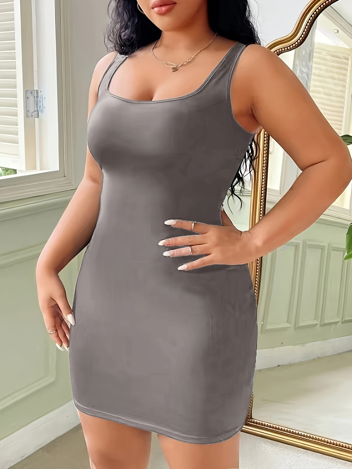 elegant sleeveless sheath dress gray stretchy square neck - Temu Bahrain