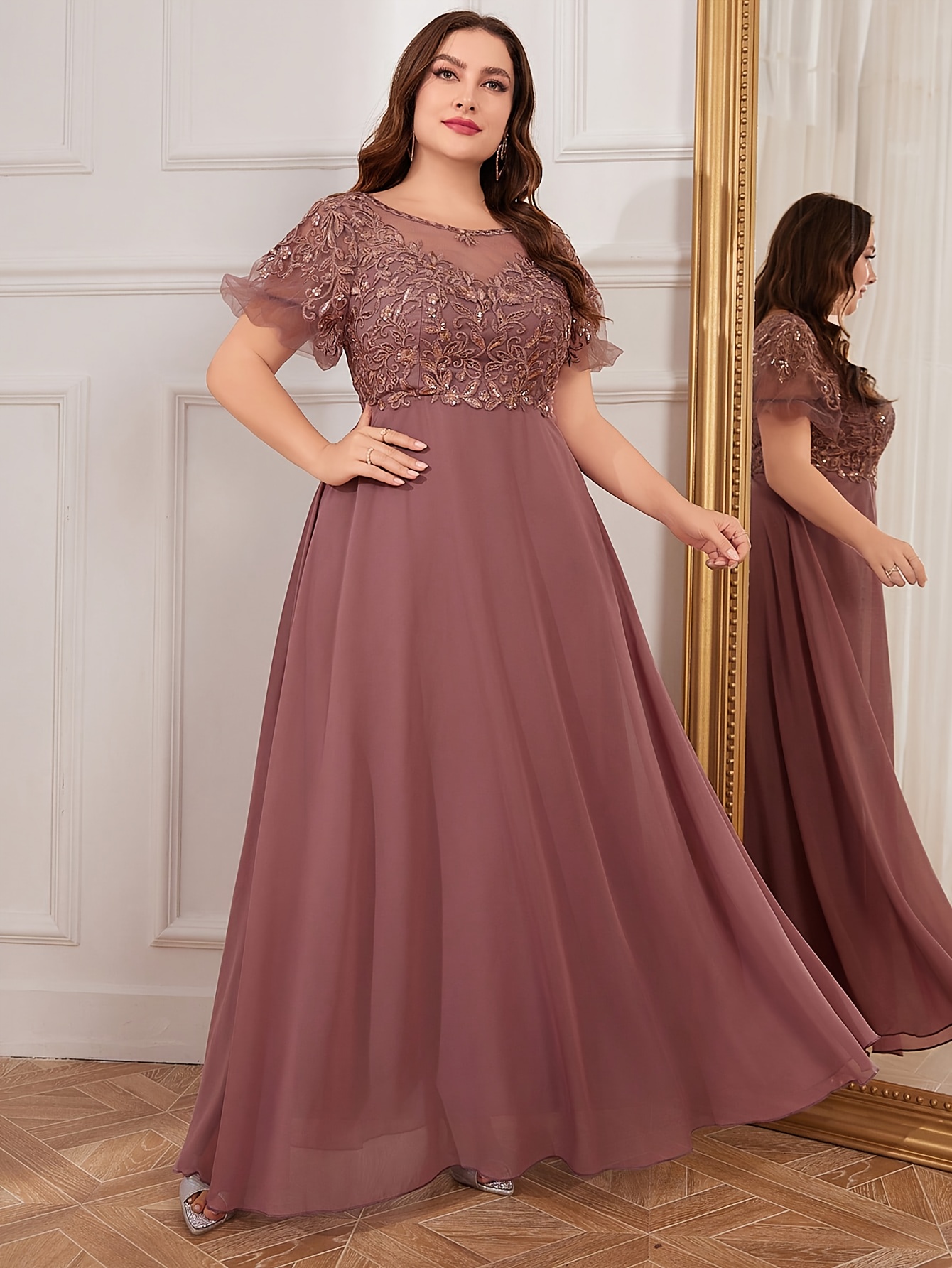 plus size - elegant plus size pink lace midi dress with floral embroidery -  short sleeve, round neck, flowing design for women, spring/summer/fall,  formal event attire|floral embroidered dress|lace fabric - women' clothing -