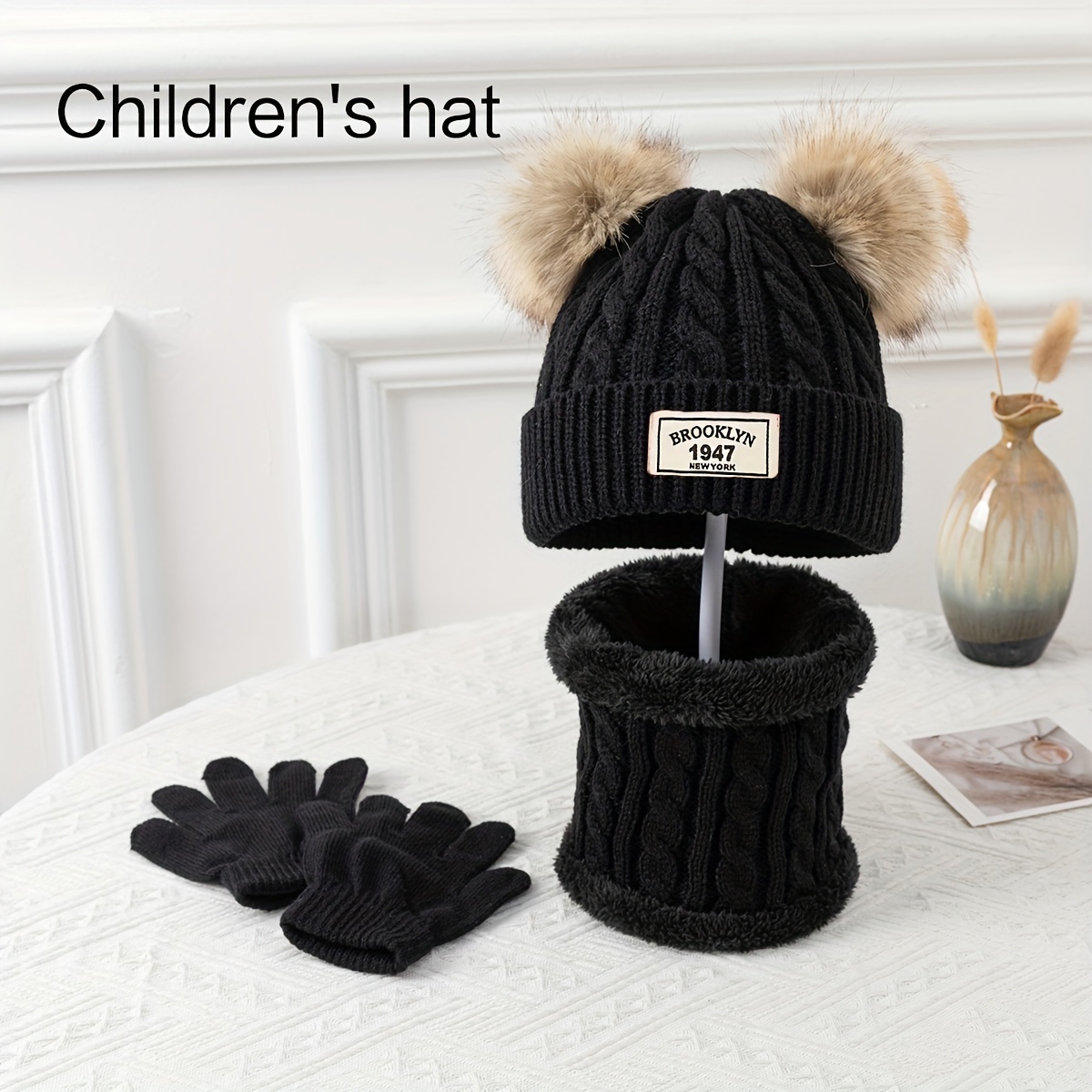 

A Set Of Children's And - - And - Set Including A Double- Knitted Hat, , And Gloves. A Fashionable And Beanie Suitable For , , , And