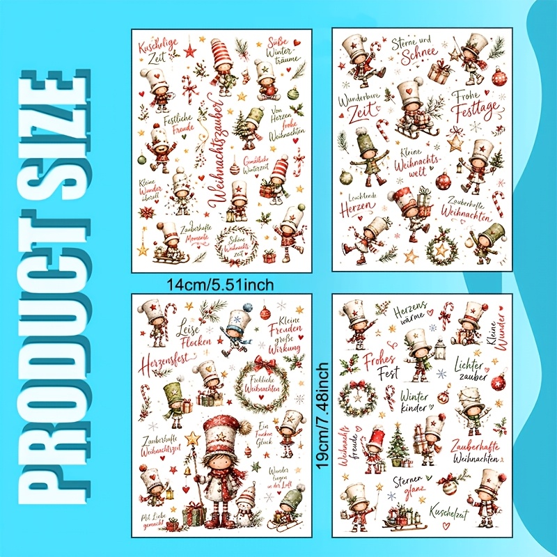 TEMU 4er-Set Weihnachts-Vintage-Puppenmuster-Transfer, Aquarell handgezeichnete Winter-Schneezene, Retro-Puppen mit Geschenkboxen, Tannenzweigen und