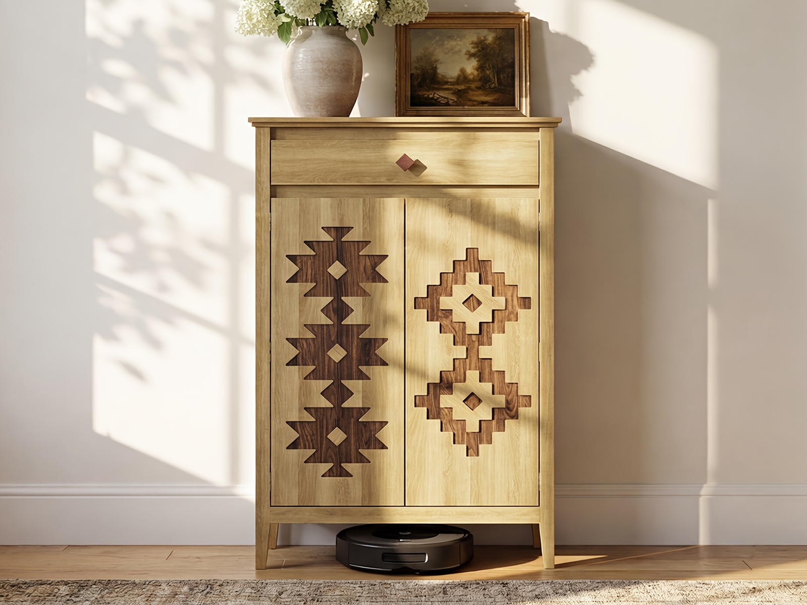 A Five-Level Shoe Storage Unit Featuring Drawers, Crafted from Wood with Adjustable Shelves, a Standalone Walnut Shoe Organizer, Perfect for Entryways, Hallways, And Walk-In Closets