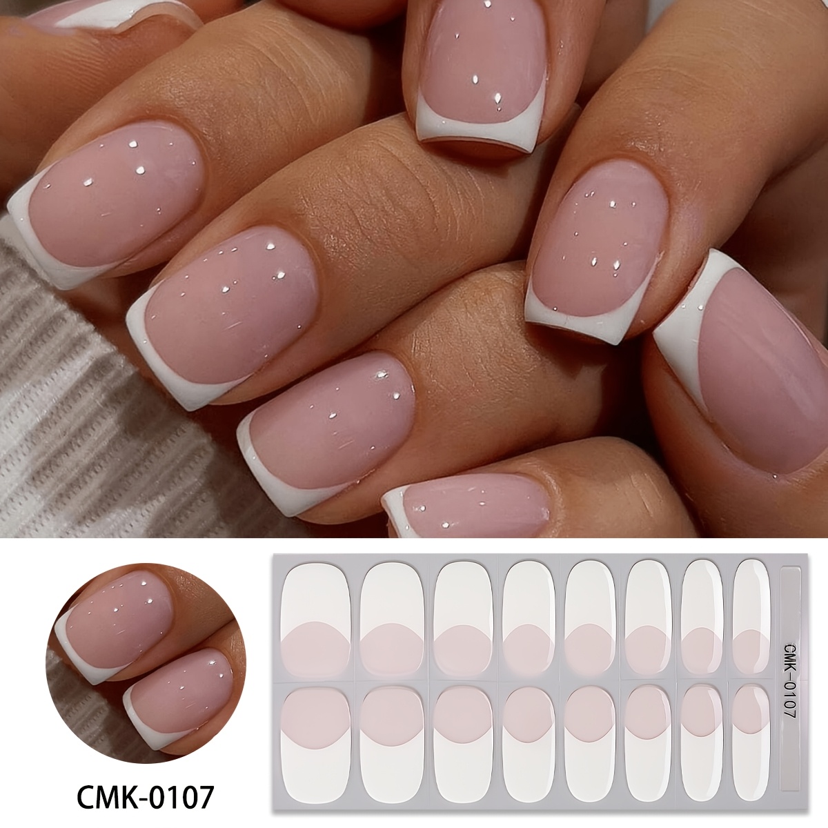 16pcs Free French Gel Nail Wraps, Simple Pink And White Gradient Gel Nail Stickers, No Damage, , Suitable For Women's Home Diy Nail Strips