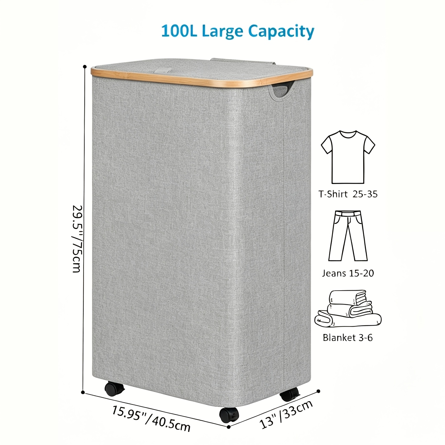 TEMU Cesta con y bolsa extraíble, cesto de ropa sucia de 100L con de bambú, contenedor estético para ropa sucia para lavadero, baño, dormitorio y ,