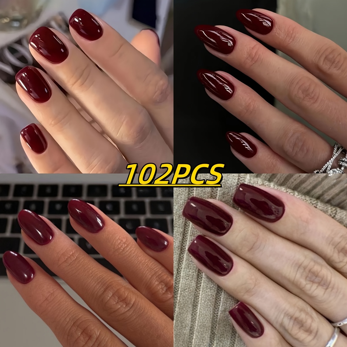 TEMU 102 Unghie Finte Borgogna a 4 di Stili (Corte Quadrate, Ovale, Oblunga, Mandorla), Utilizzo in , Abbinamento , Adatte per Viaggi Festivi e Gioco