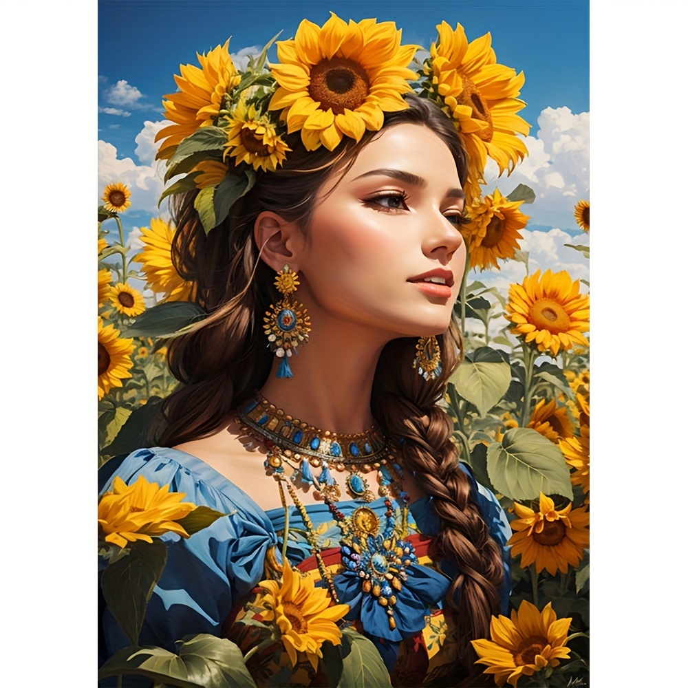 

1pc Large Size, 30x40cm/ 11.8x15.7 Inches Frameless Diy 5d Diamond Art Painting Sunflower With Woman, Full Artificial Diamond Painting, Diamond Art Embroidery Kits, Handmade Home Office Wall Decor