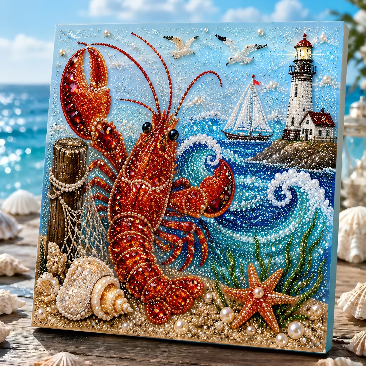 TEMU -themed Diy Pearl Art Painting, 3d Diamond Painting Craft, Suitable For Adults, Ocean-themed Wall Decor, Sparkling Coastal Home Decoration,