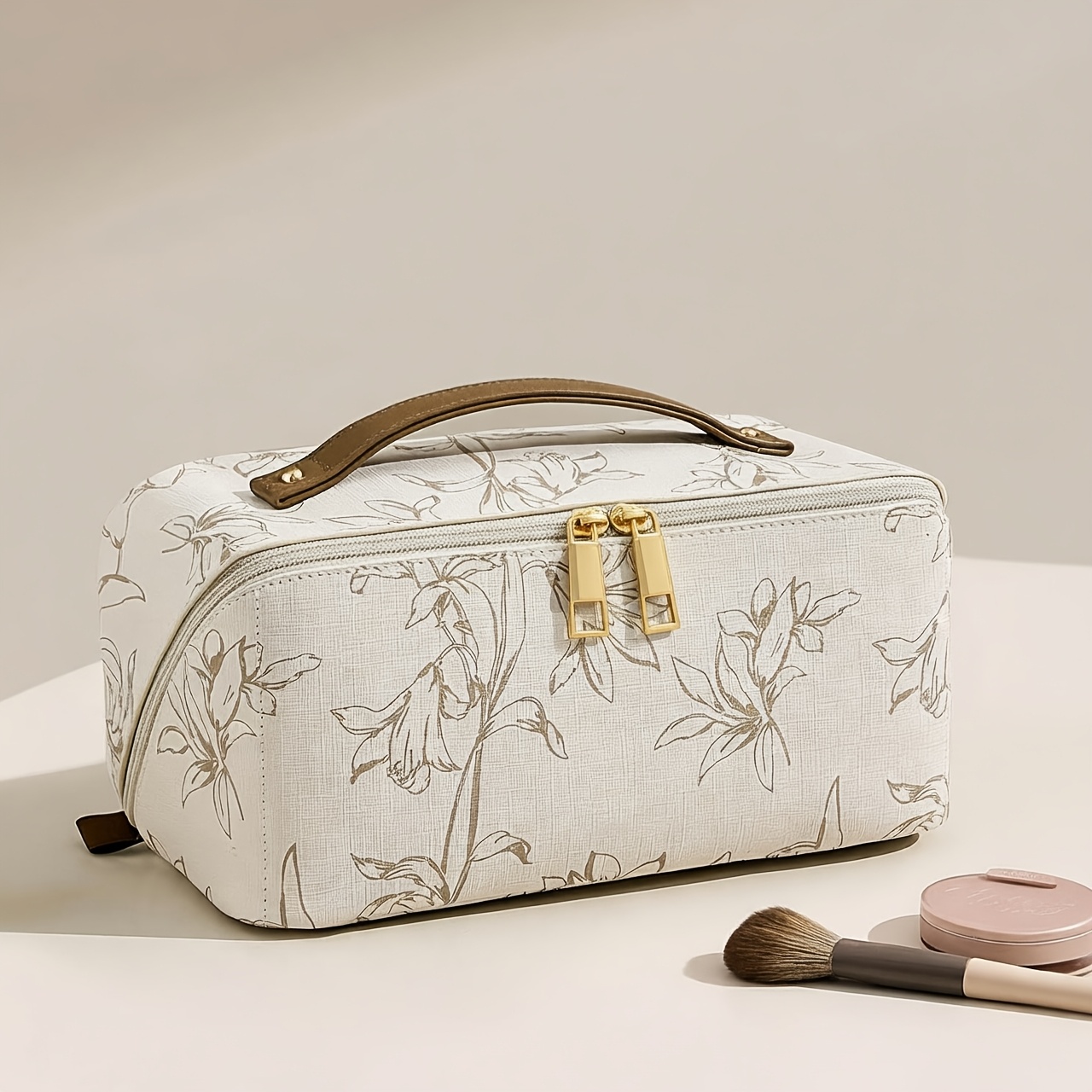 TEMU Large Capacity Multi-compartment Makeup Bag Women's Floral Pattern Portable Travel Pouch Toiletry Organizer