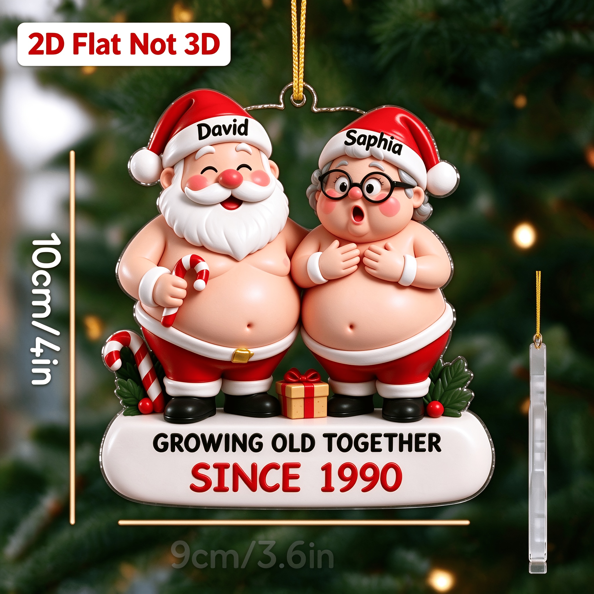 TEMU 2d Flat Personalized Santa Claus Couple Decor, Customizable Name And Year, Shared Aging Christmas Tree Ornament, Funny Santa Couple Acrylic