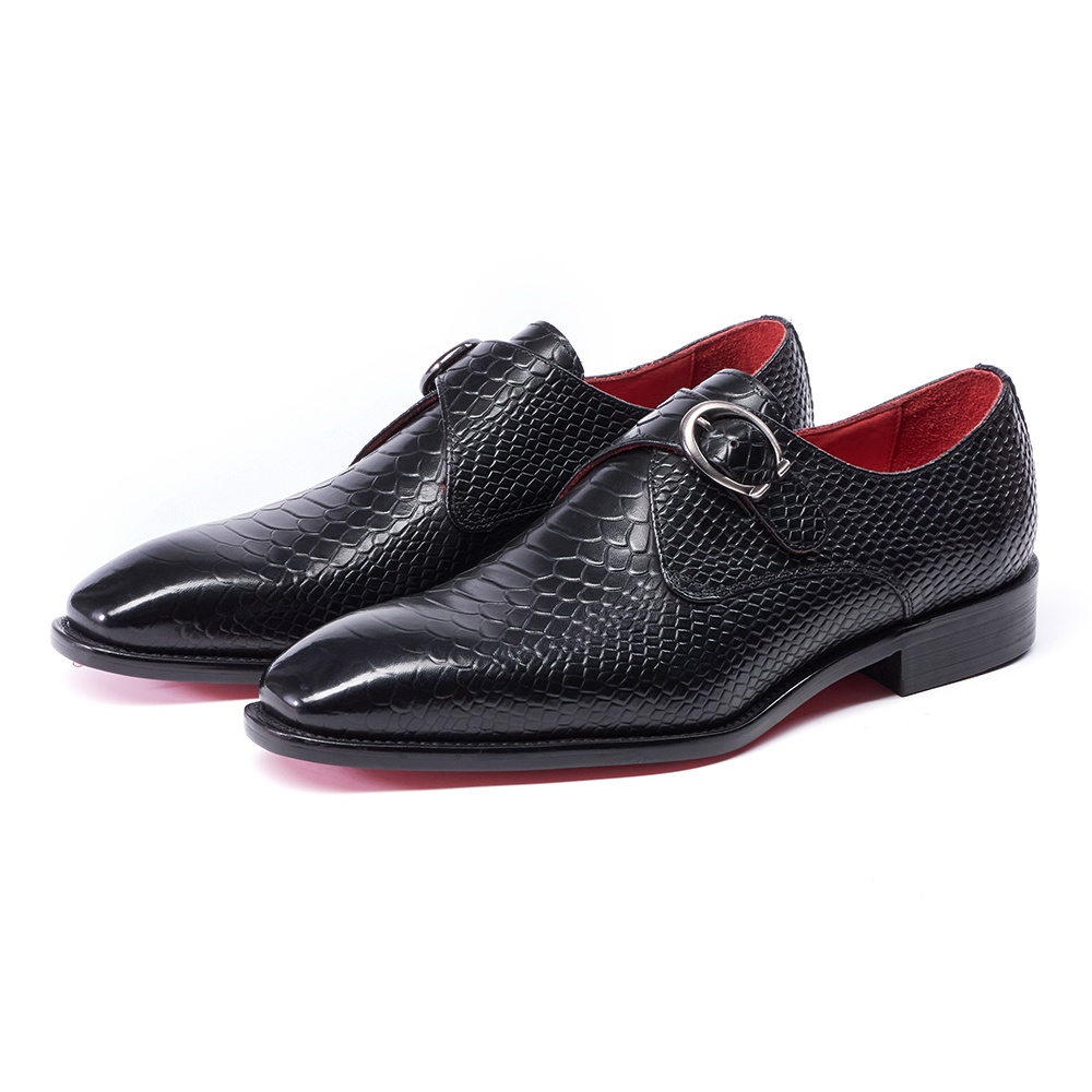 TEMU Men' Light Luxury Formal Dress Shoes Single Monk Shoes Snake Embossed Texture Square-toe Hand-rubbed End Non-slip Rubber Sole Elevated Design