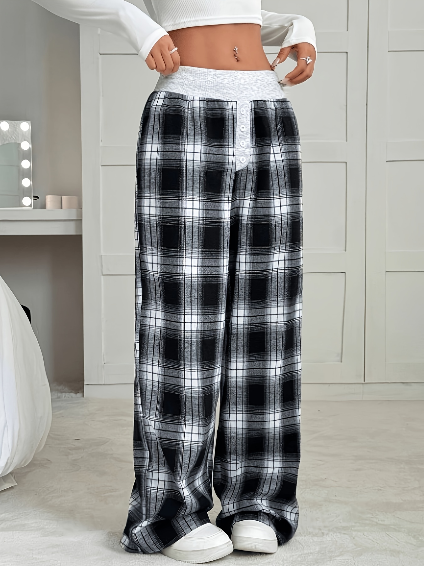 Women'S Plaid Wide Leg Pants with Button Detail Loose Fit High-Waisted  Design for Spring/Summer/Fall, Polyester Fabric, Black and White Check
