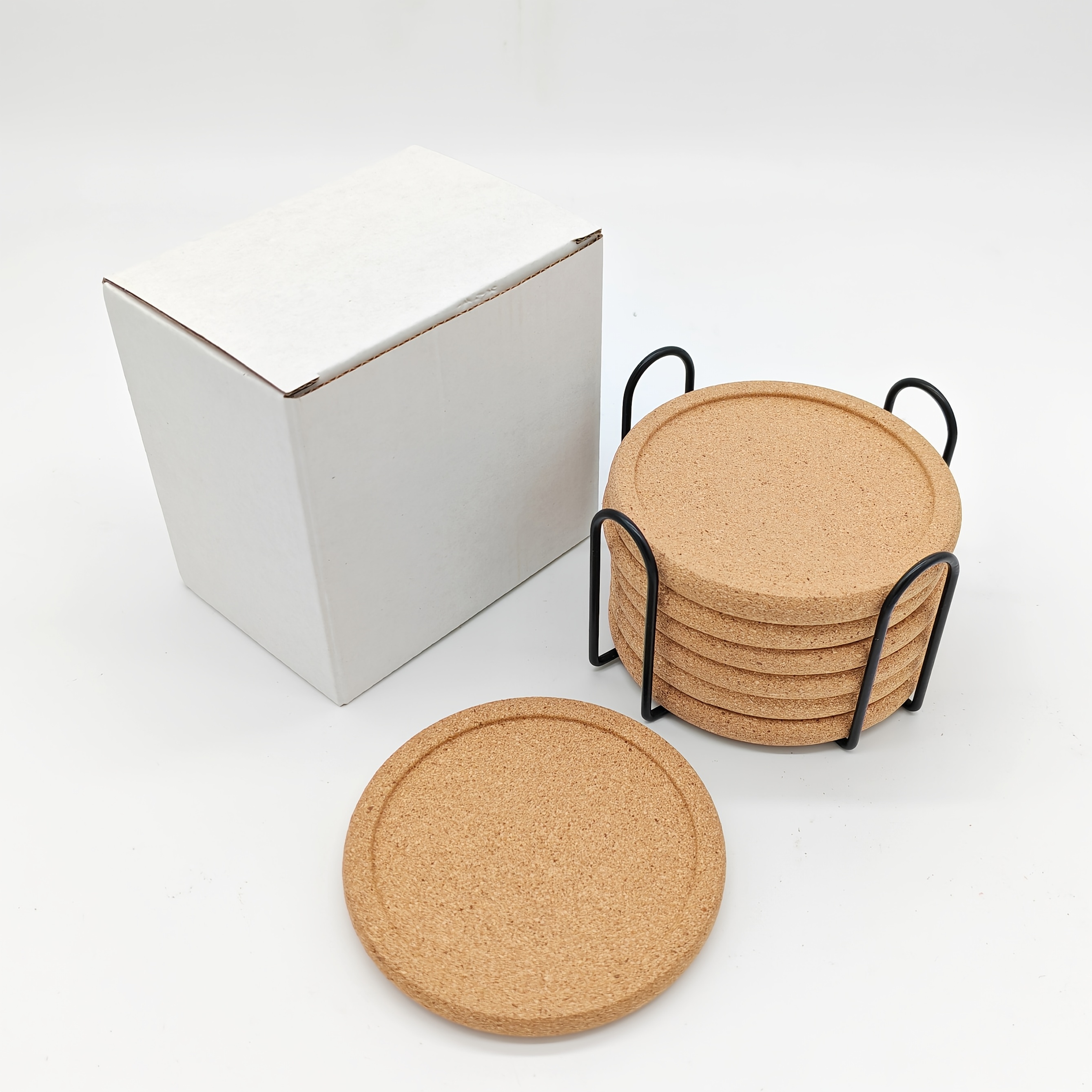Image of 7pcs Inch Lip Cup Holder Leak Proof Cork Coasters Rising Rim Reusable Absorbent Cork Cup Coaster With Metal Holder For Mugs