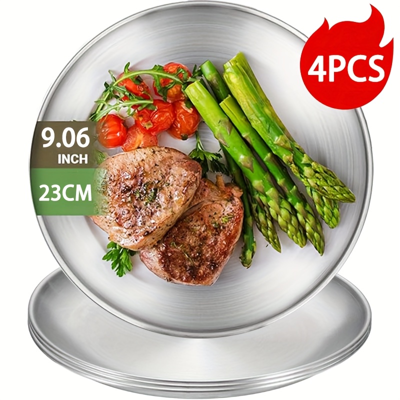 4pcs Stainless Steel Dessert Plate 9.06 Inch, Stackable Space- Salad Fruit Appetizer Plate, Kitchen Utensil For Bbq Buffet