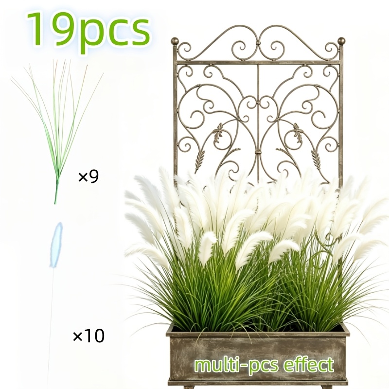 TEMU Maintenance-free Fluffy Pampas Grass 19pcs Set, 10 Pampas Grass Stems + 9 Grass Stems, Sun-resistant Outdoor Decorative Flowers, Backyard Garden