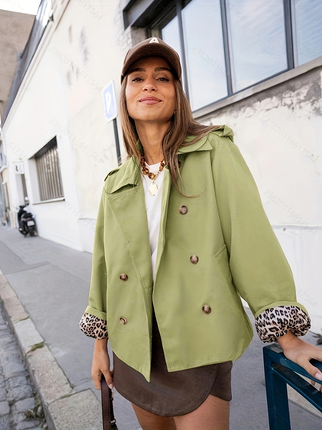 women's elegant long sleeve trench coat button details olive