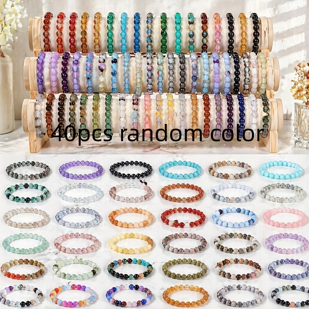 TEMU Random 40pcs Glass Bead Bracelet Set, Unisex Bead Bracelet, 8mm Round Elastic Bracelet, Birthday, Women, Men, Her