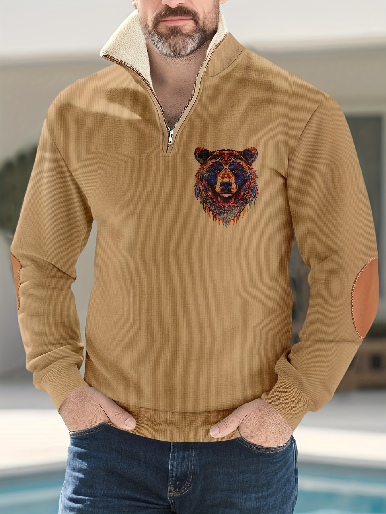 herren vintage halb-reißverschluss   shearling kragen ellbogen patch strickpullover, einfach anzuziehen und abzulegen mit verstellbarer passform, weiche und warme textur, braunes patch-detail, verbessert retro-stil und haltbarkeit,   für lässige herbst- und winterkleidung, outdoor-wandern