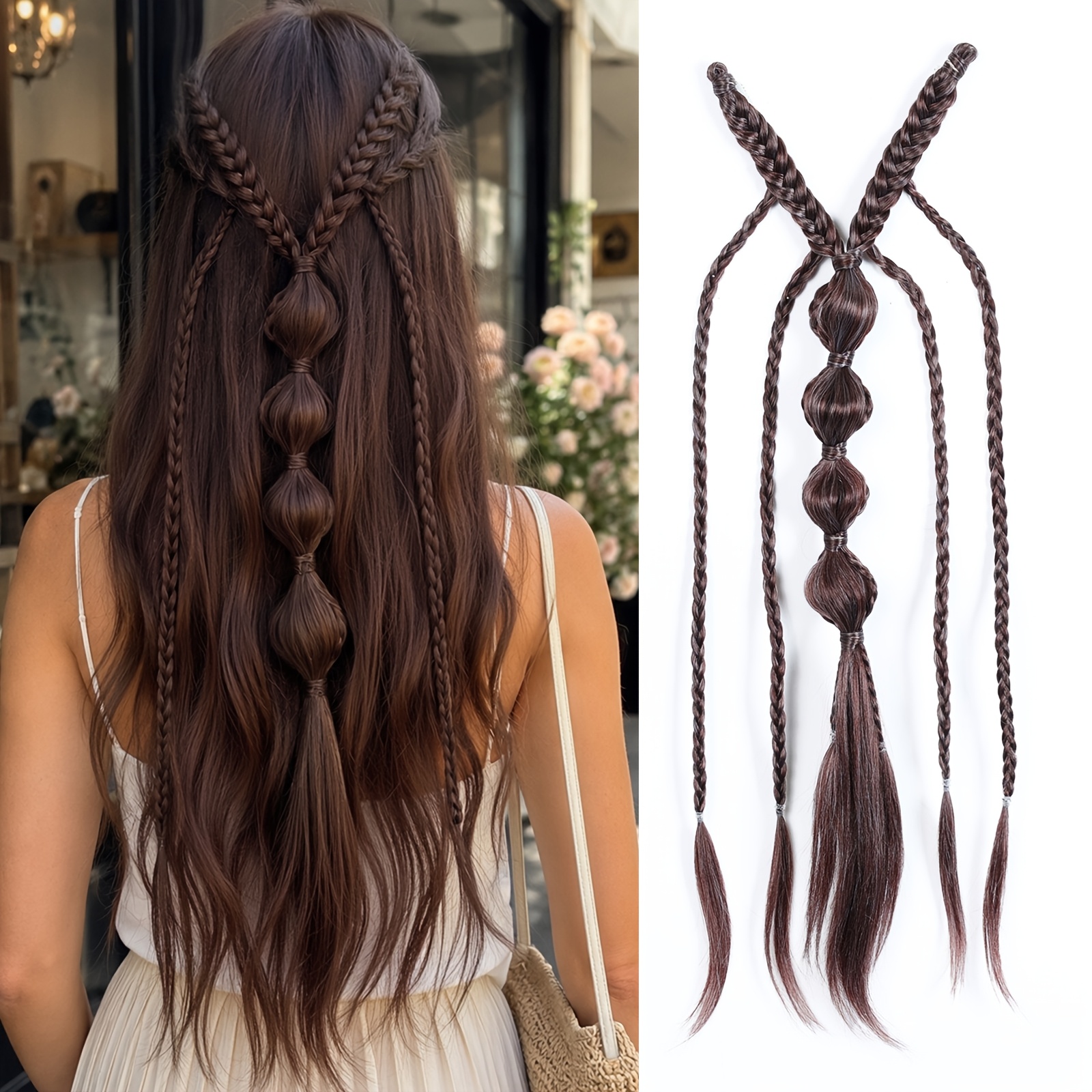TEMU 1 pièce Extensions de cheveux tressés à clip Princess Bohème, adaptées pour mariage, cosplay et mariée - style fée avec mèches de cheveux