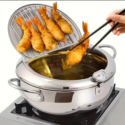 1pc stainless steel deep fryer with thermometer filter rack lid gas induction stoves ideal for frying beef patties sesame fry bags and fried chicken willow kitchen cookware transparent lid feature durable cookware