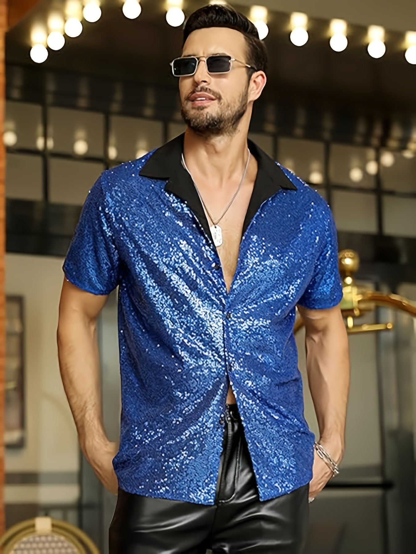 s Sequin Dress Shirt 70s Disco Style Short Sleeve Lapel Shirts