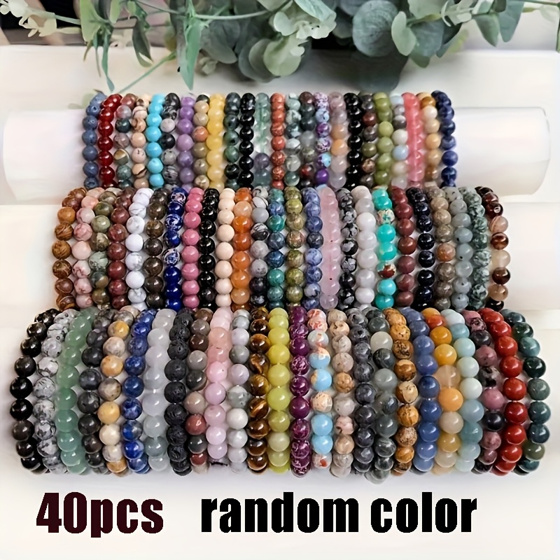 TEMU 40pcs Random Color Bohemian Style Glass Bead Bracelets - Multicolor 8mm Round Elastic Cord Beads, Unisex, Birthday Party Gifts, Suitable Daily