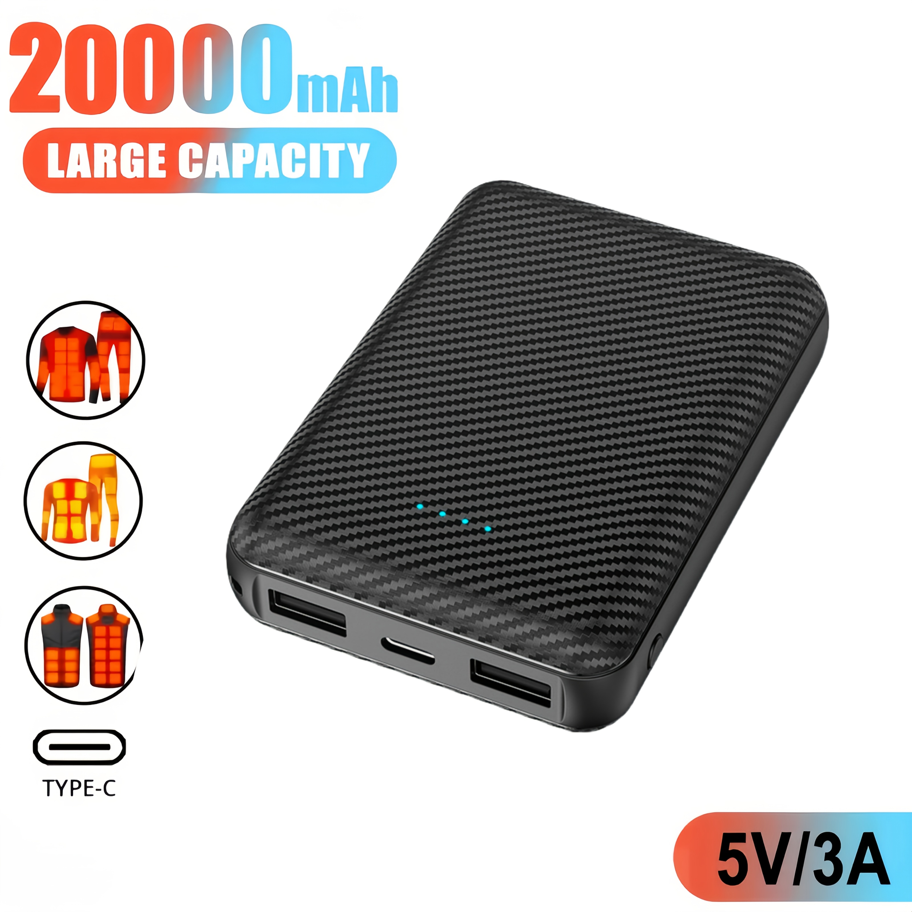 TEMU Batterie Externe Portable 20000mAh avec Charge Rapide 22.5W et Écran LCD, Sorties USB/Type-C/, pour Gilets Chauffants, Vestes, Smartphones,