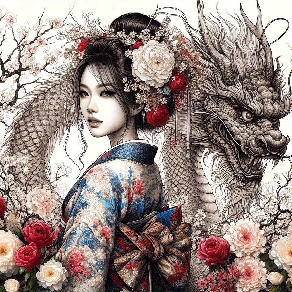 

5d Diy Full Drill Diamond Painting Kit With Dragon And Geisha Design, Round Diamonds On Canvas, Home Bedroom Entryway Study Bathroom Wall Art, 50x50cm - Elegant Japanese Themed Artwork