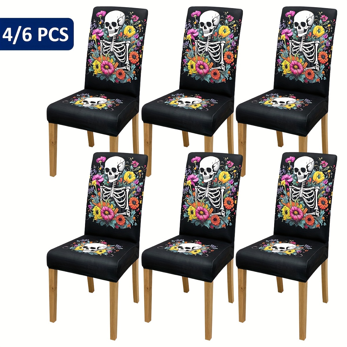 

4/6pcs, Day Of The Dead Floral Print Dining Chair Covers, Classic Style, Digital Positioning Print, Home Decor, Elastic Fit For Restaurant & Living Room Chairs, Festival Atmosphere For