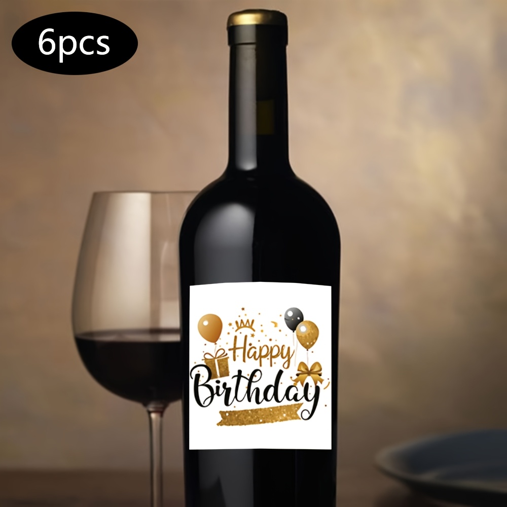 Image of Set Of 6 Luxurious Golden Birthday Stickers, Perfect For Celebrations, Featuring A Stylish Design That Includes 'happy Birthday' In Golden And Black Along With Balloons, A Crown, And Stars